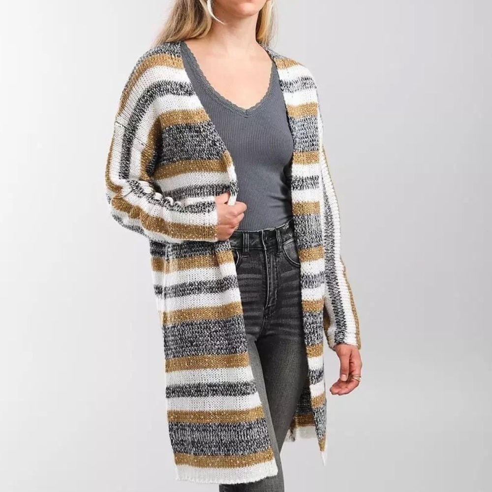 Daytrip Shredded Back Knit Cardigan Size Large Striped Longline Duster